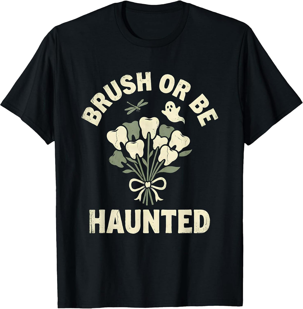 Men's Brush or Be Haunted Dental Halloween Design T-Shirt - Black