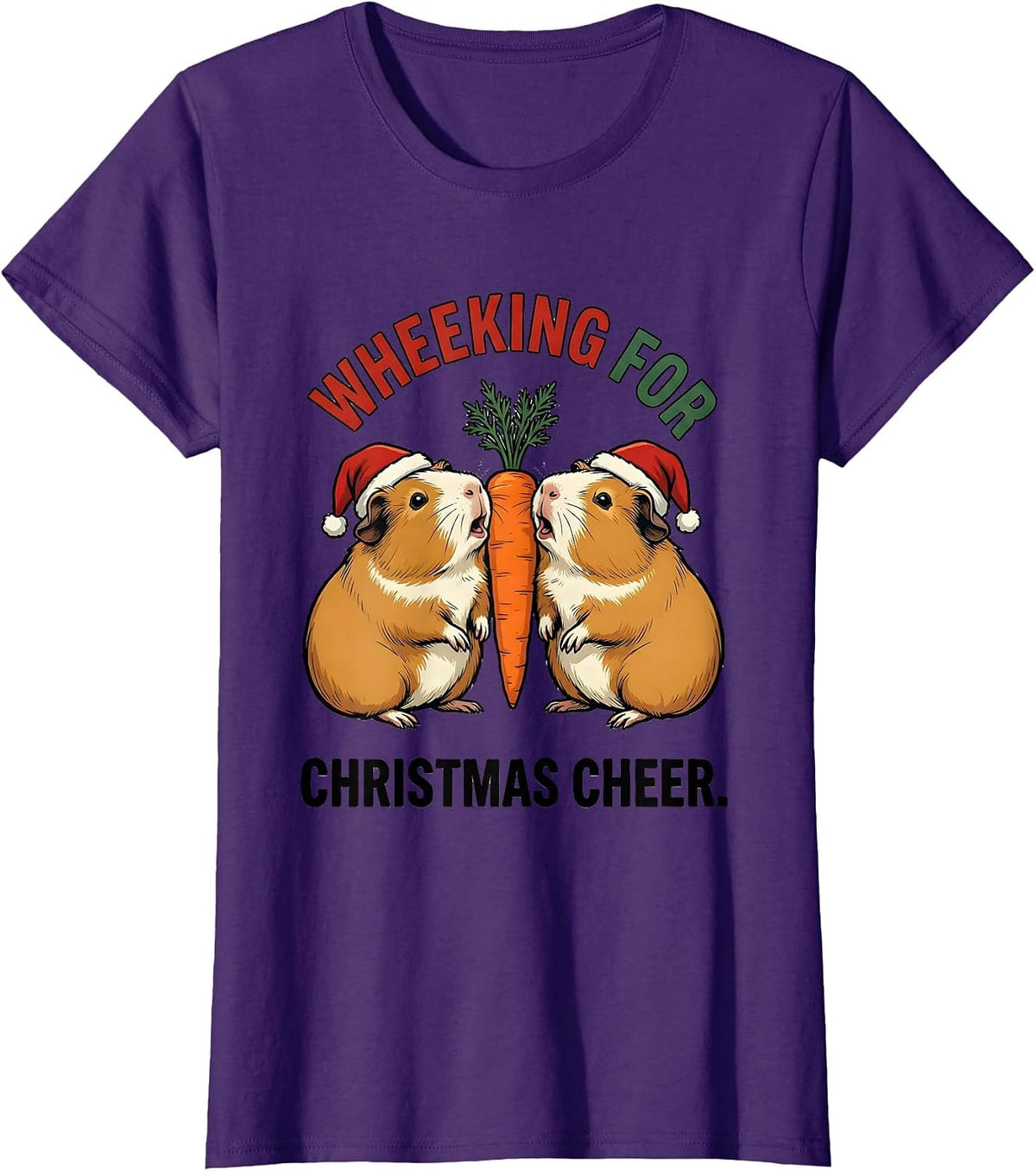 Women's Wheeking For Christmas Cheer Funny Guinea Pig Santa Hat T-Shirt - Purple