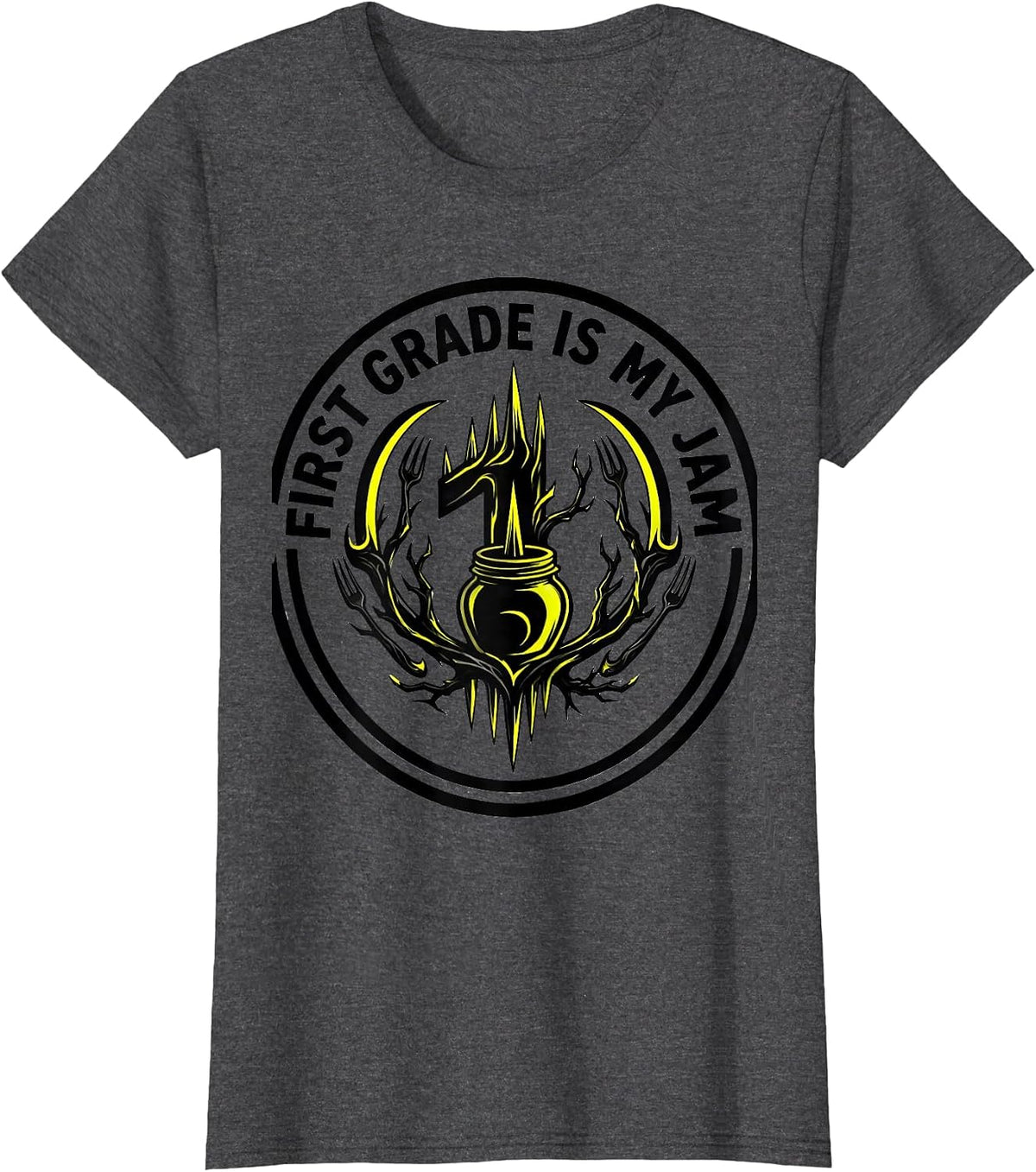 Women's First Grade Is My Jam Teacher Design T-Shirt - Dark Heather Grey