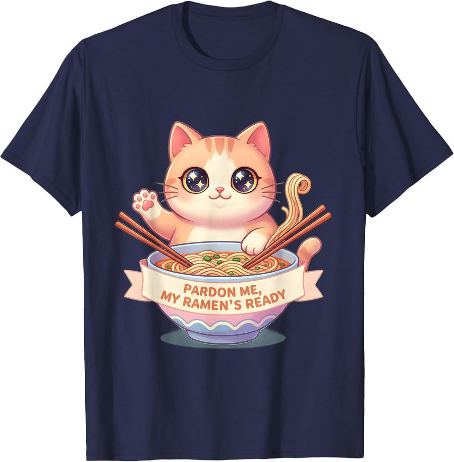 Pardon Me, My Ramen's Ready Cute Kawaii Cat Anime Gift T-Shirt - Navy Blue