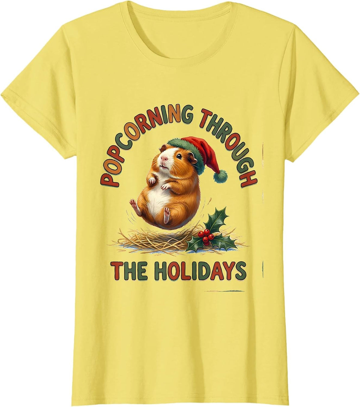Women's Popcorning Through The Holidays Storybook Guinea Pig T-Shirt - Lemon Yellow