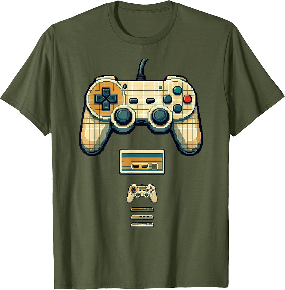 Pixel Art Retro Gaming Controller Evolution Gamer Nostalgia T-Shirt - Olive Green