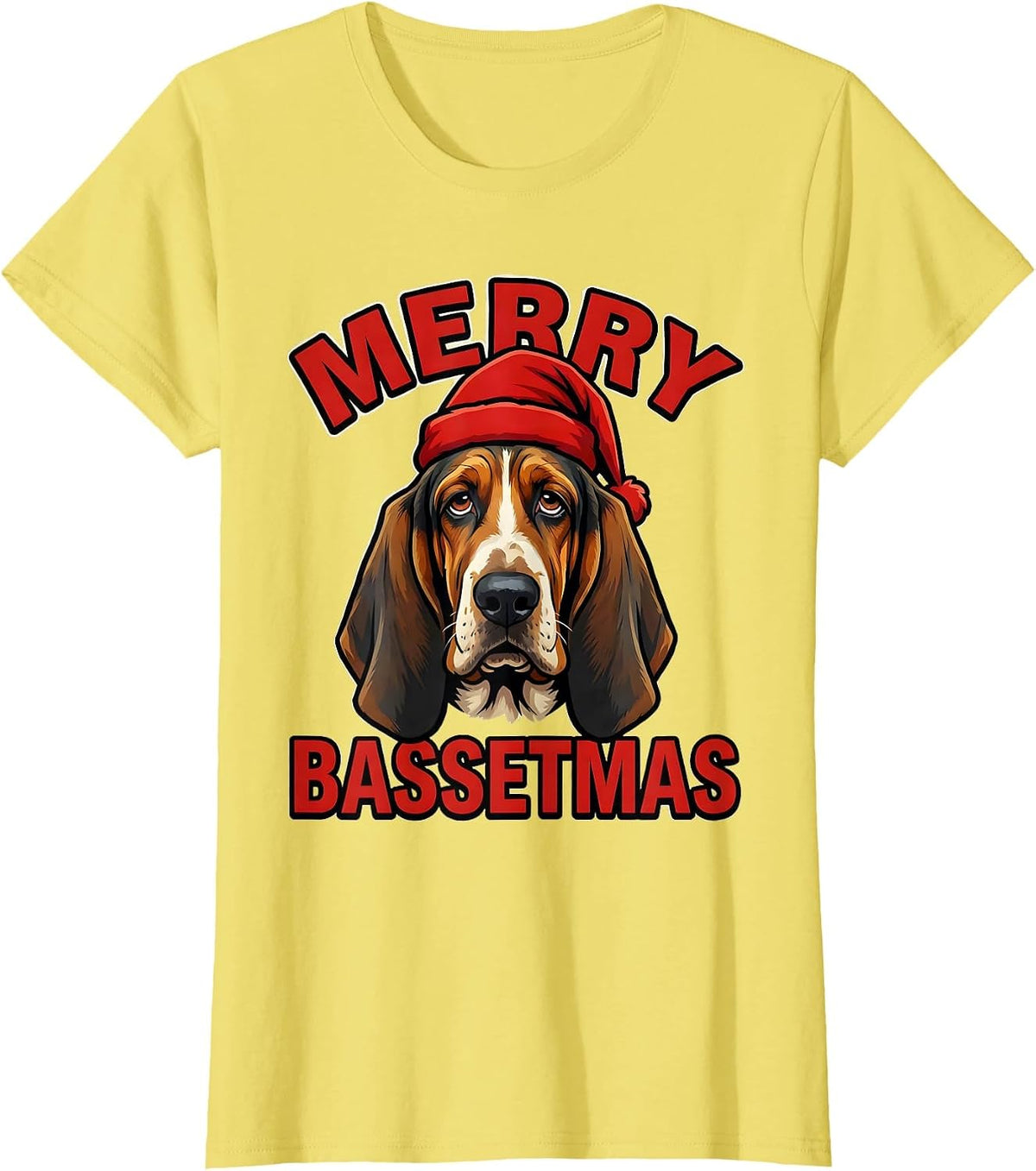 Women's Merry Bassetmas Cartoon Basset Hound Christmas Dog Lover T-Shirt - Lemon Yellow