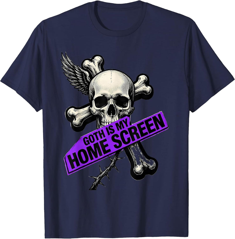 Goth Is My Home Screen New Wave Gothic Emo Girl Y2K Grunge T-Shirt - Navy Blue
