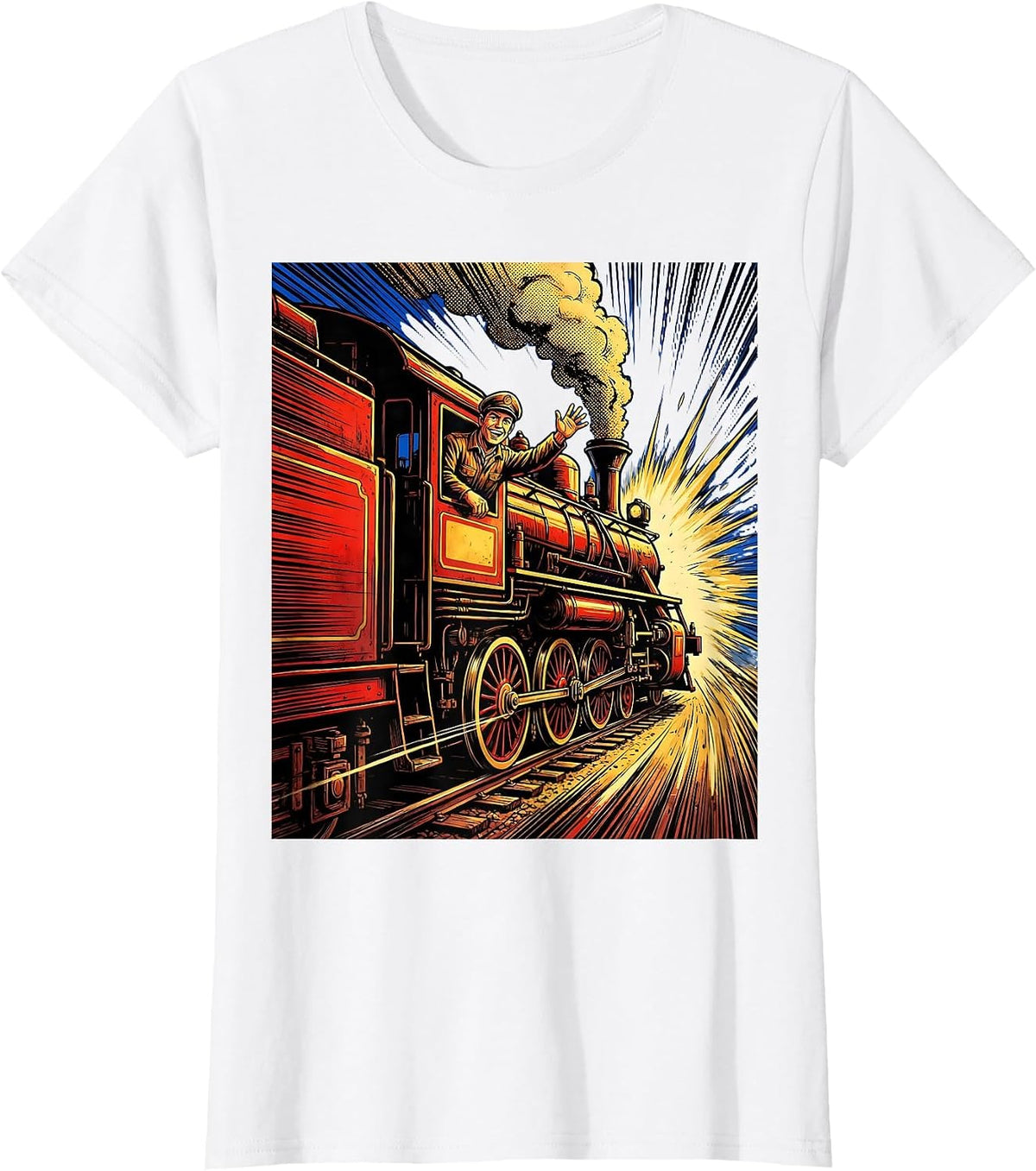 Smiling Engineer Waving From Speeding Train T-Shirt - White