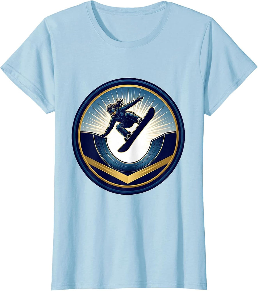 Women's Snowboarder Halfpipe Launch Graphic Design T-Shirt - Baby Blue