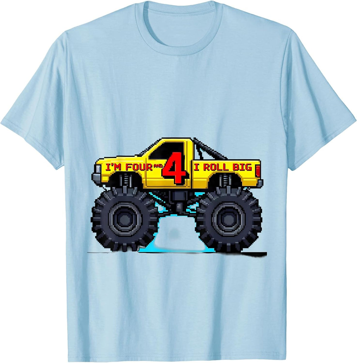 Men's I'm Four and I Roll Big Pixel Art Monster Truck Birthday Boy T-Shirt - Baby Blue