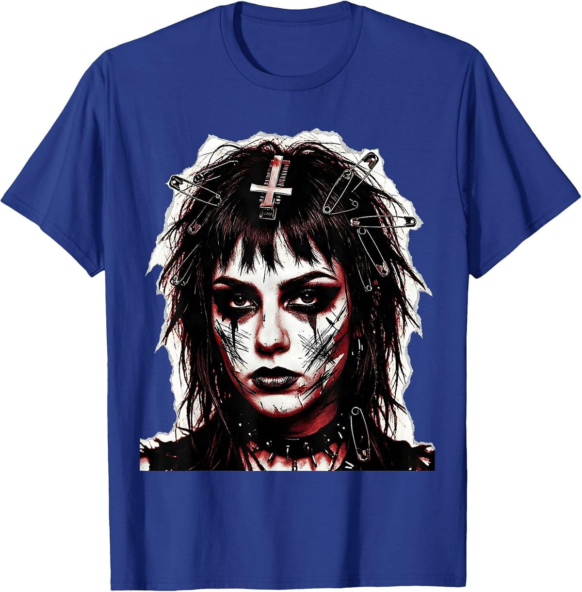 Emo Girl Upside-Down Cross Hair Clip Graphic T-Shirt - Royal Blue