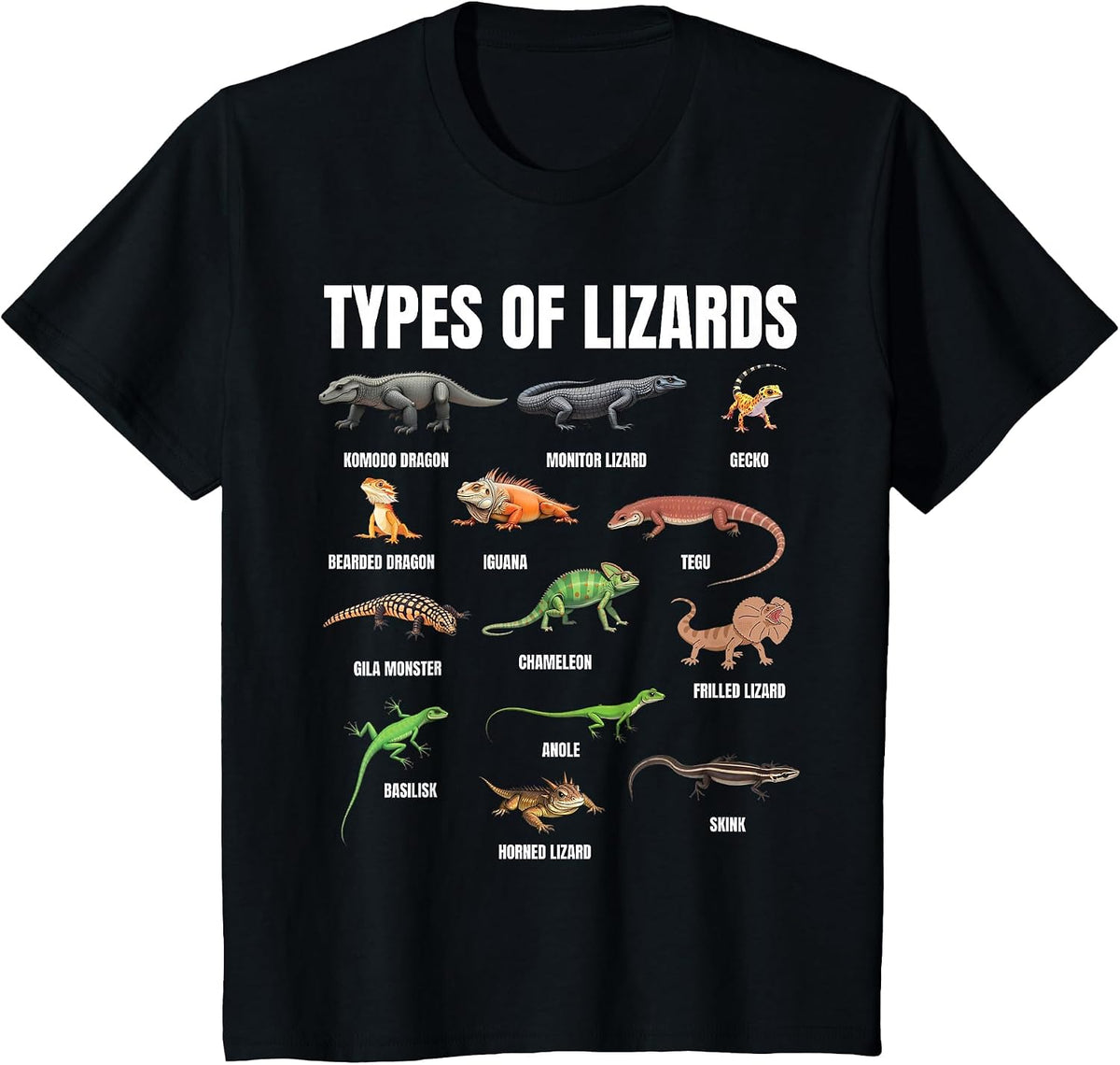Types of Lizards Educational Herpetologist Kids Boys Girls T-Shirt - Black