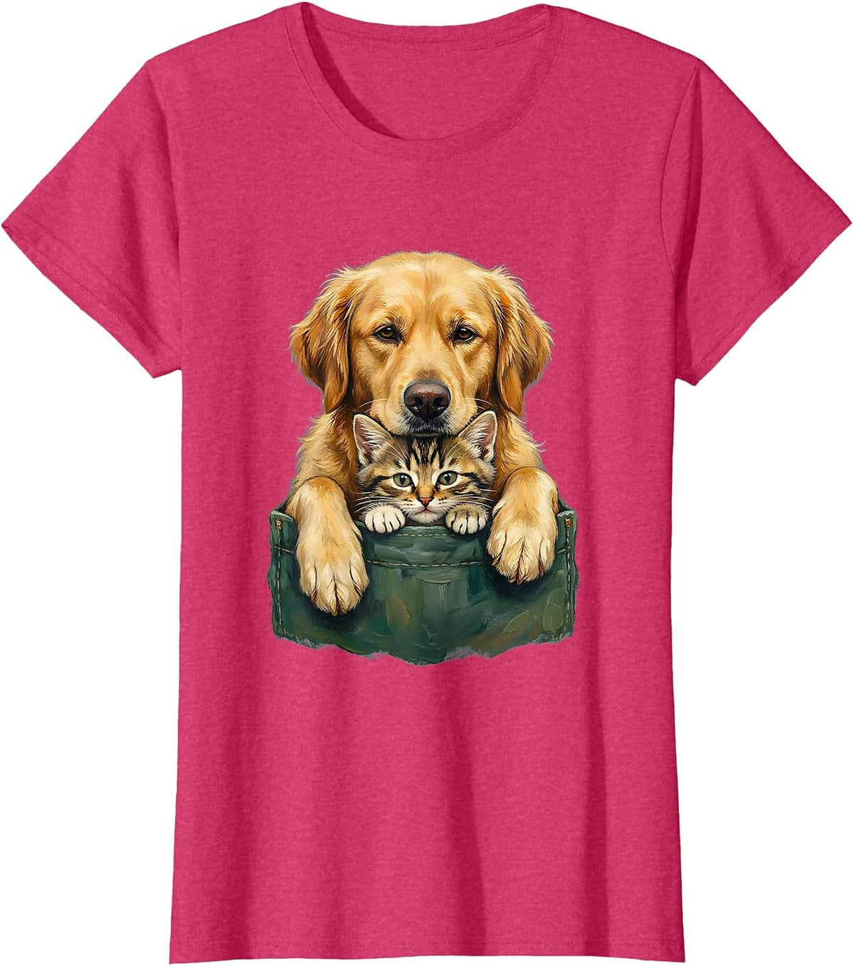 Women's Pet Pocket Peeking Cat And Dog Cute Playful Novelty T-Shirt - Red Heather