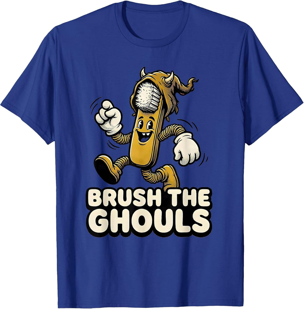 Men's Brush the Ghouls Retro Cartoon Halloween Dentist Dental T-Shirt - Royal Blue