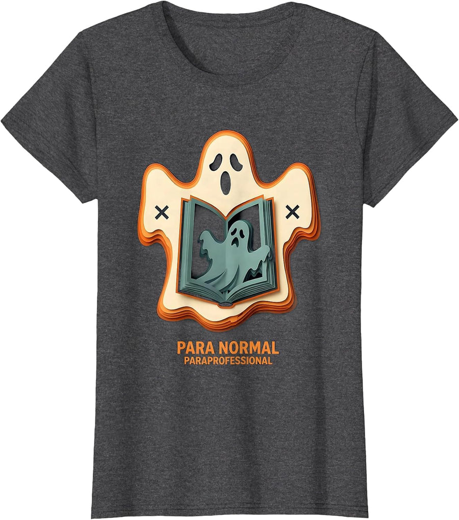 Women's Para Normal Paraprofessional Paper Cutout Ghost Halloween T-Shirt - Dark Heather Grey