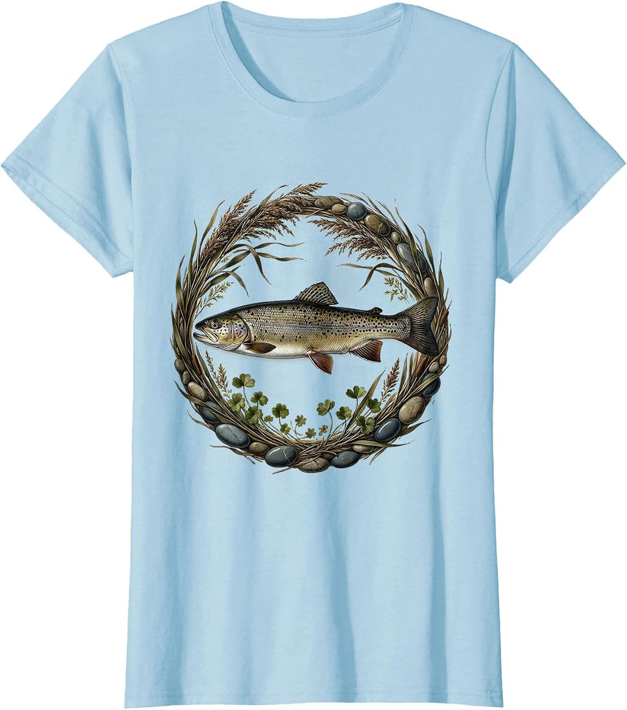 Women's Trout Swimming Upstream Rocky Waterfall Design T-Shirt - Baby Blue