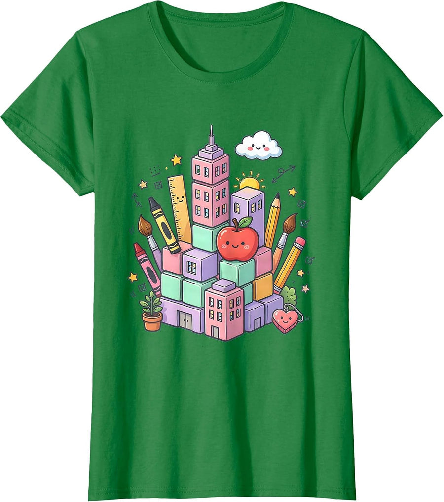 Women's Kindergarten Teacher Block Skyline Graphic T-Shirt - Kelly Green