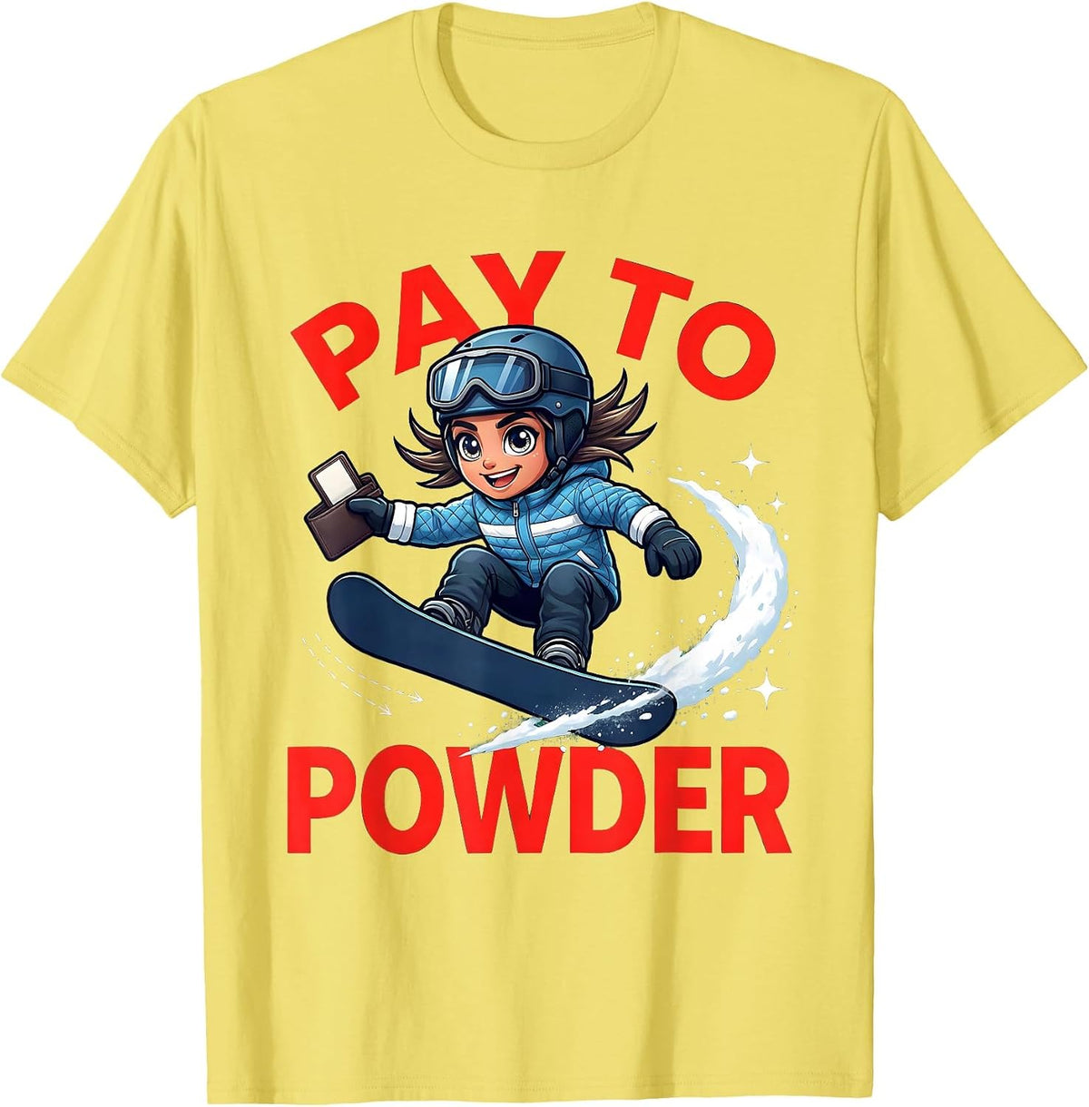 Men's PAY TO POWDER Funny Snowboarder Winter Snow Sports Adventure T-Shirt - Lemon Yellow