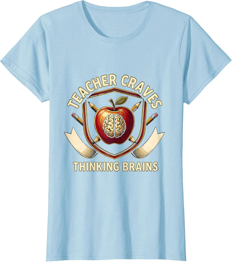 Women's Teacher Craves Thinking Brains Funny Teacher Halloween Humor T-Shirt - Baby Blue
