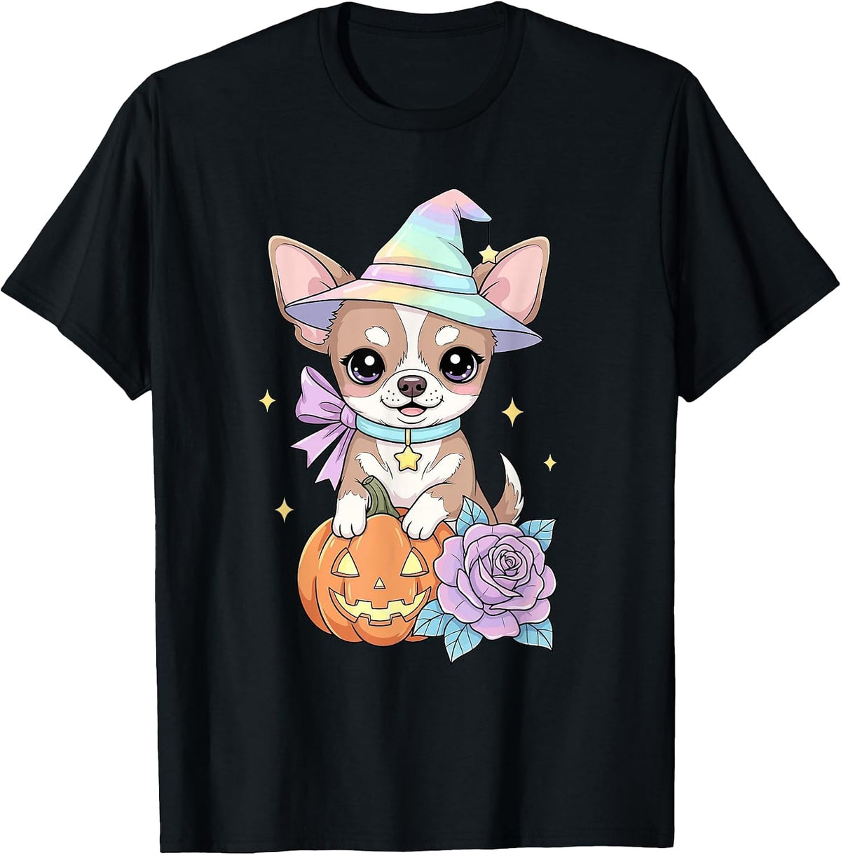 Kawaii Chihuahua Puppy Witch Pumpkin Halloween Pastel Dog T-Shirt - Black