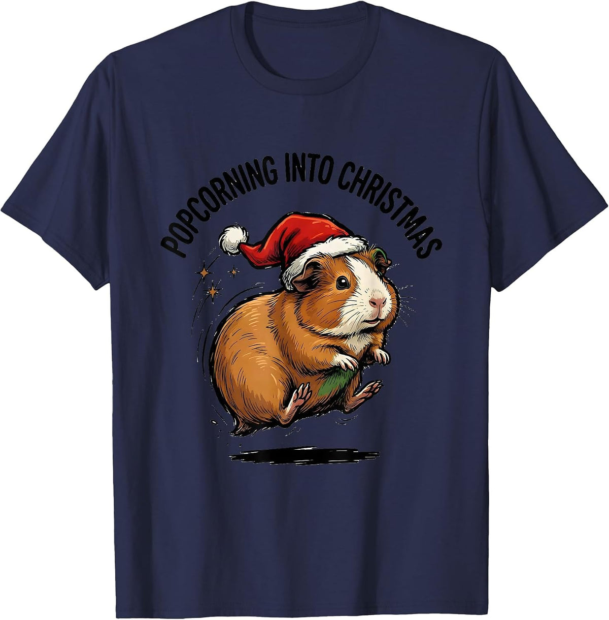 Men's Popcorning Into Christmas Funny Guinea Pig Christmas Santa T-Shirt - Navy Blue