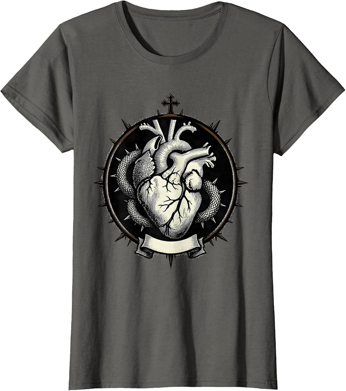 Women's Heart Serpent Shield Alt Goth Y2K Grunge Streetwear T-Shirt - Asphalt Grey