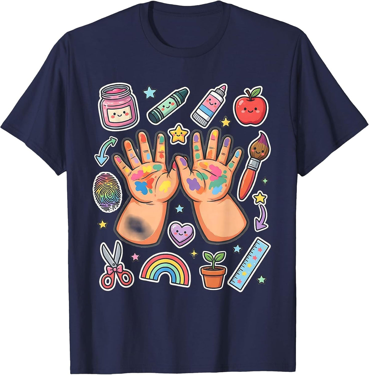 Kindergarten Teacher Paint Hands Graphic T-Shirt - Navy Blue