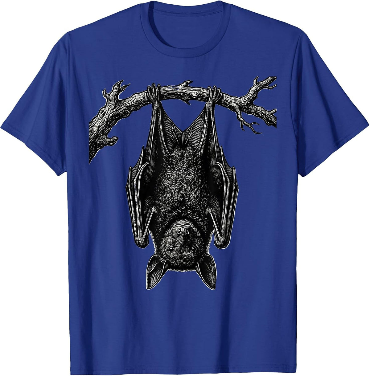 Men's Bat Hanging Woodcut Engraving Gothic Bat Lover T-Shirt - Royal Blue