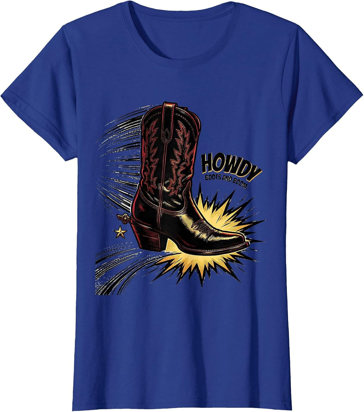 Women's Howdy Boots and Boom Comic Book Cowgirl Western Pride T-Shirt - Royal Blue