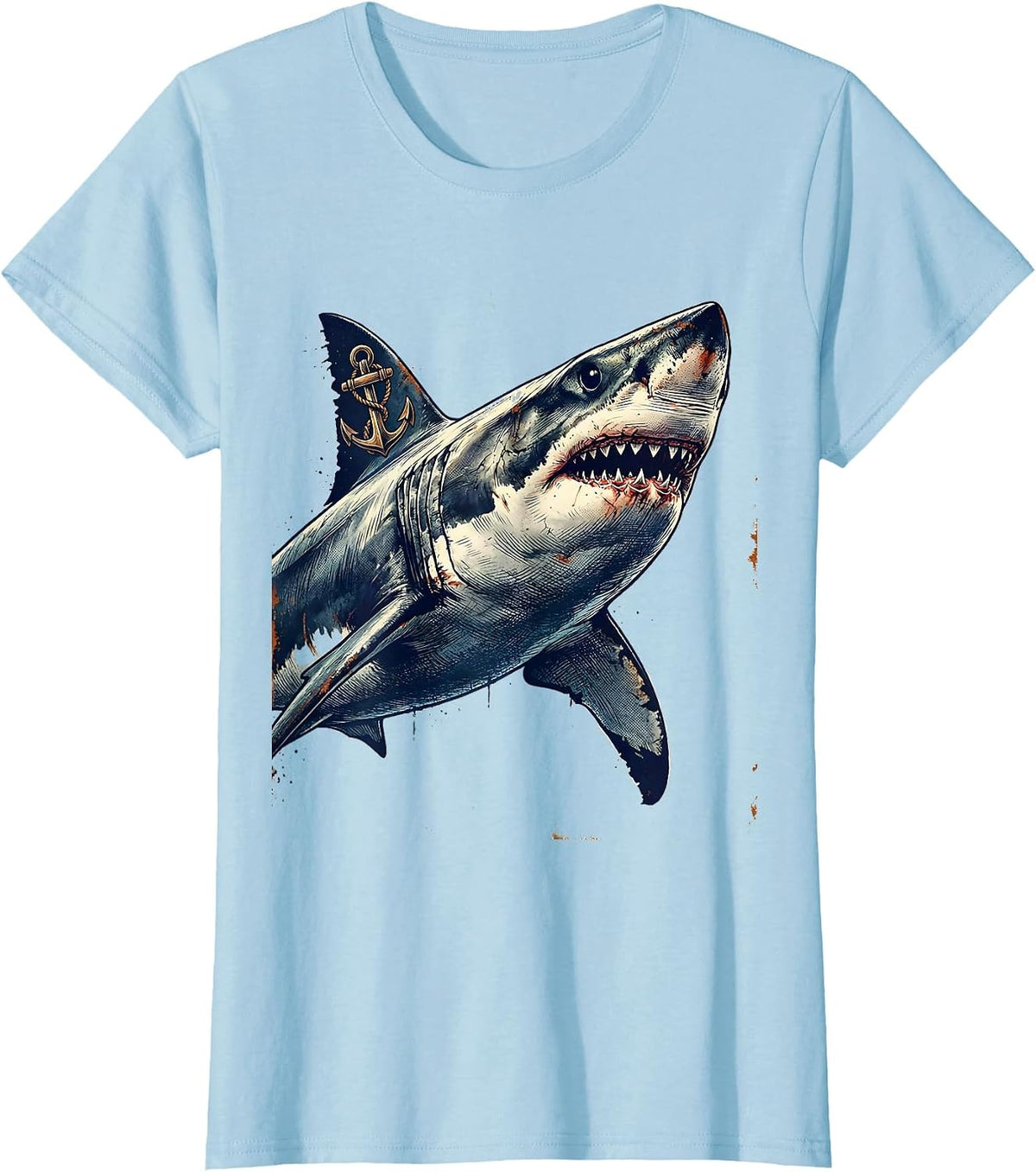 Shark With Anchor Tattoo Art Graphic Tee T-Shirt - Baby Blue