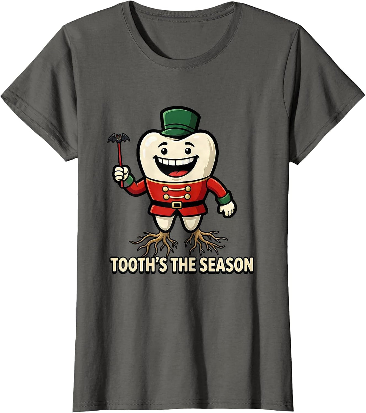 Women's Tooth's the Season Funny Cartoon Dentist Christmas Dental T-Shirt - Asphalt Grey