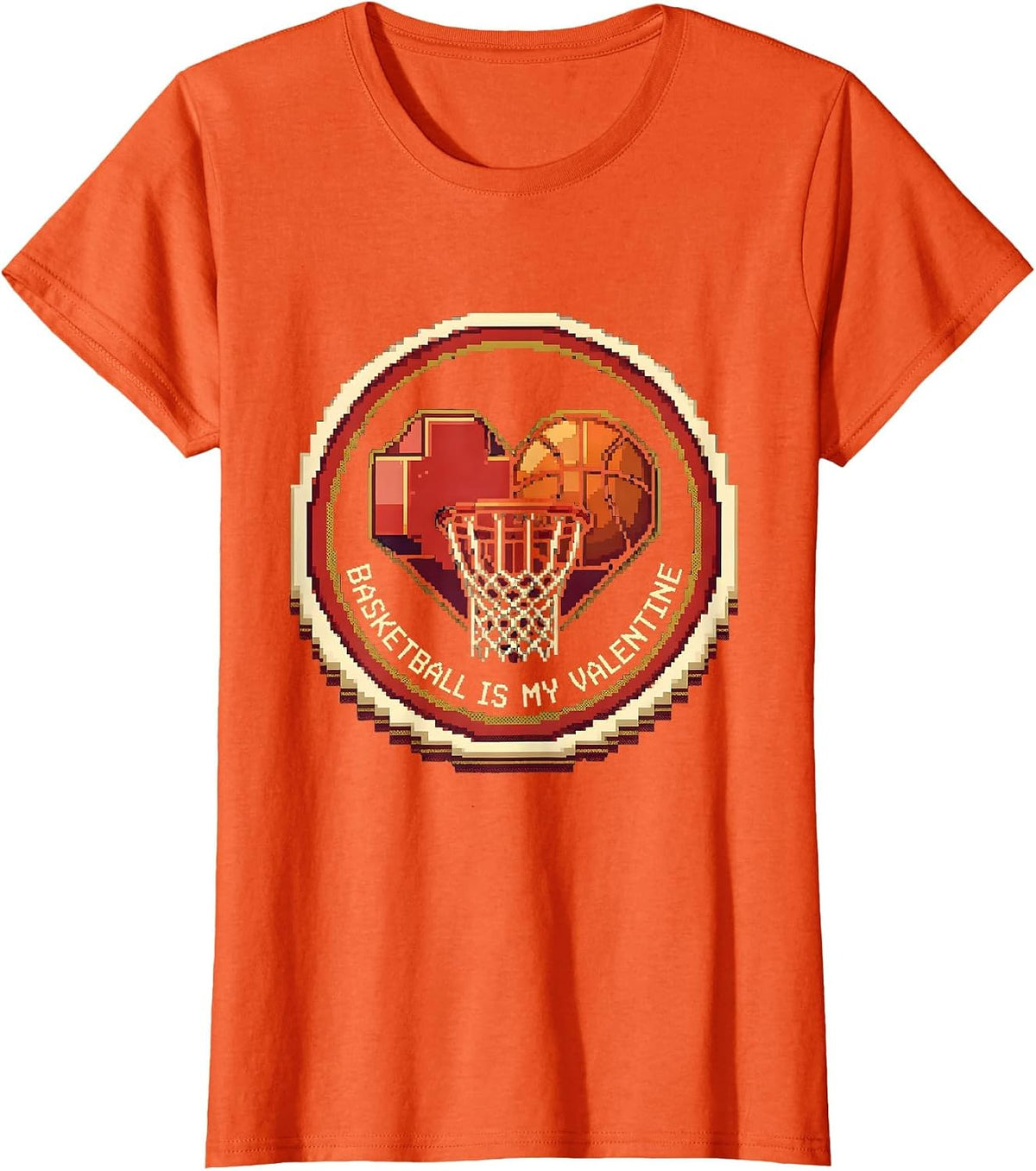 Basketball Is My Valentine Funny Pixel Art Valentine Teen T-Shirt - Orange