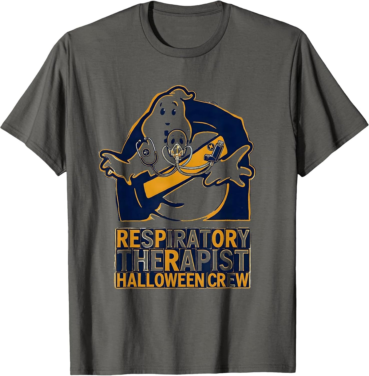 Respiratory Therapist Halloween Crew Wood Type Ghost Costume T-Shirt - Asphalt Grey