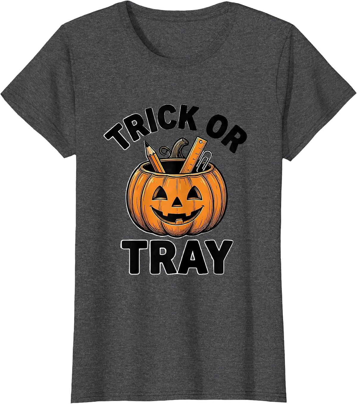 Women's Trick or Tray Line Art Teacher Halloween Back to School T-Shirt - Dark Heather Grey