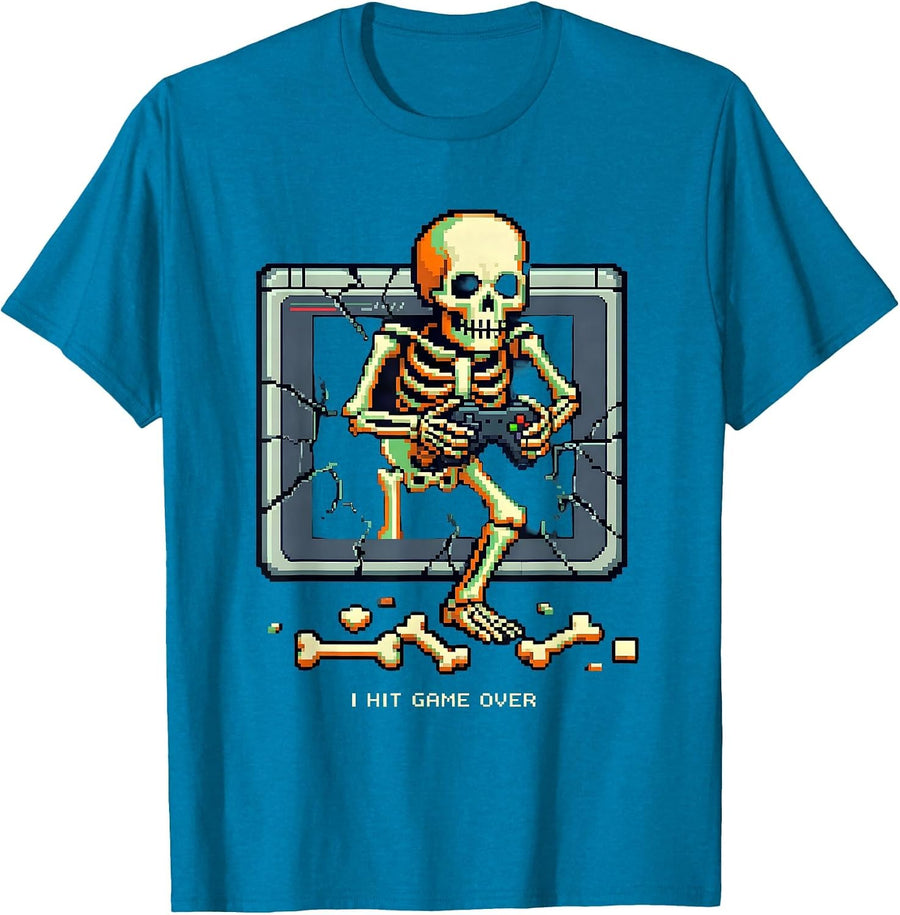 I Hit Game Over Pixel Art Skeleton Gamer Halloween Humor T-Shirt - Sapphire Blue