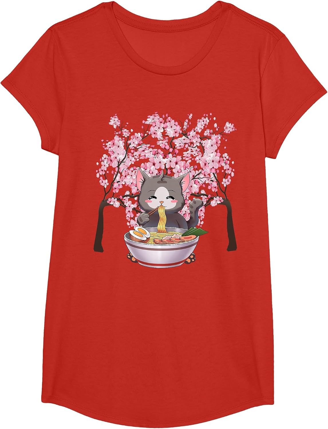 Japanese Blossom Cherry Ramen Easter Cat Kawaii Anime T-Shirt - Girls Red