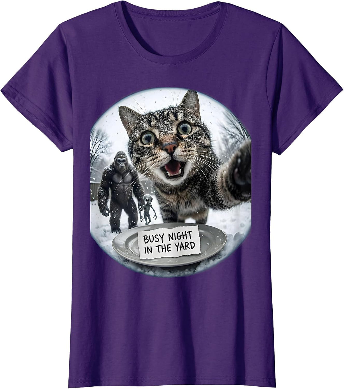 Women's Busy Night In The Yard Funny Cat Bigfoot Alien Meme Humor T-Shirt - Purple