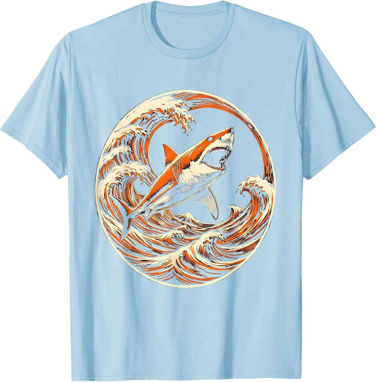 Men's Aggressive Shark Cutting Through Ocean Waves T-Shirt - Baby Blue