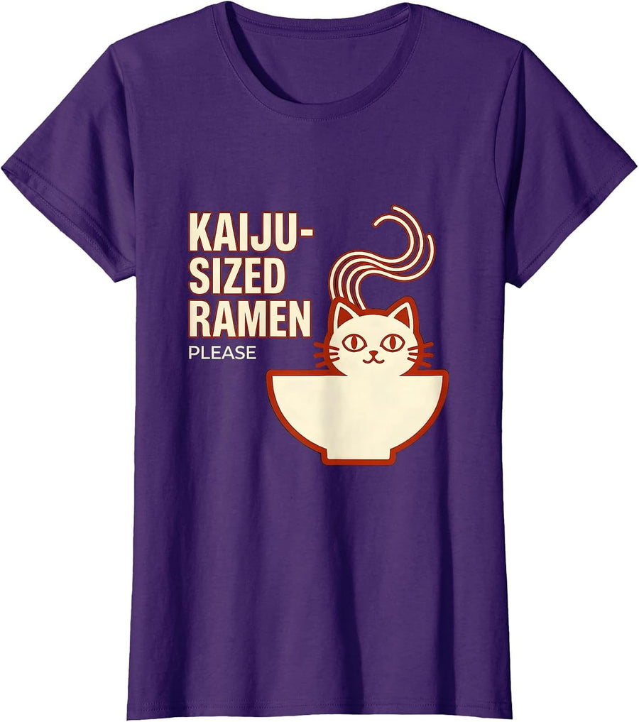 Women's Kaiju-Sized Ramen Please Funny Cat Anime Otaku Gift T-Shirt - Purple