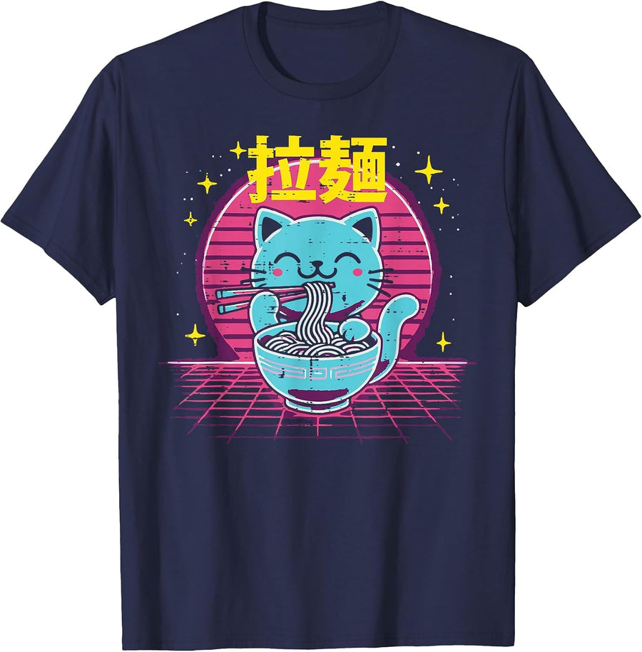 Japanese Cat Ramen Vaporwave Retro Anime Women Men Girls Kid T-Shirt - Navy Blue