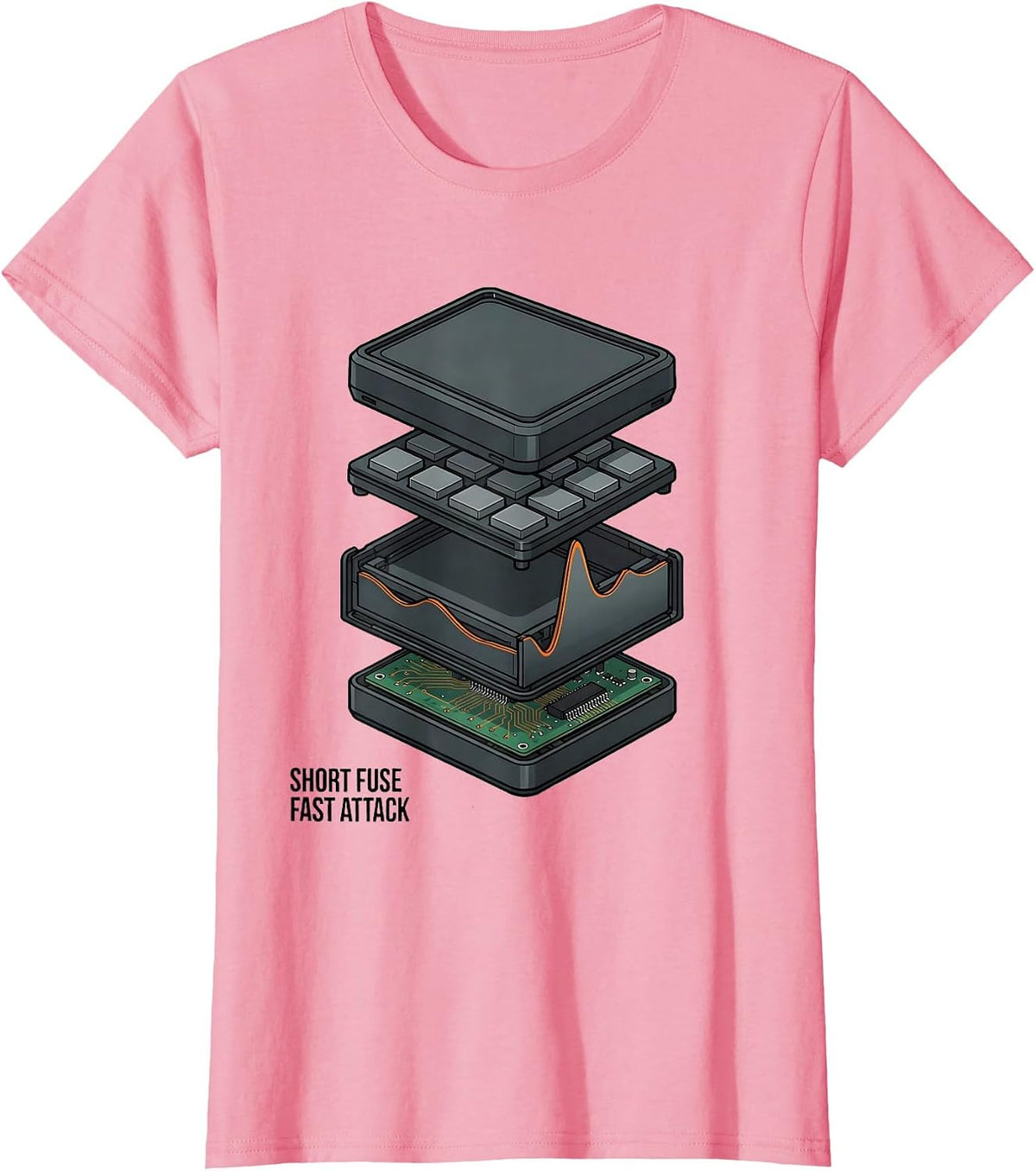 Women's Short Fuse, Fast Attack Exploded View Technical DJ Gift T-Shirt - Pink