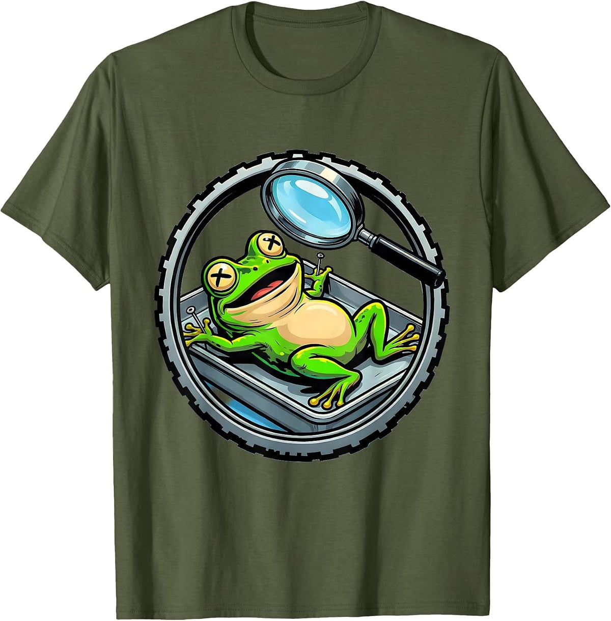 Men's Frog Dissection Tray Magnifier Science Art T-Shirt - Olive Green