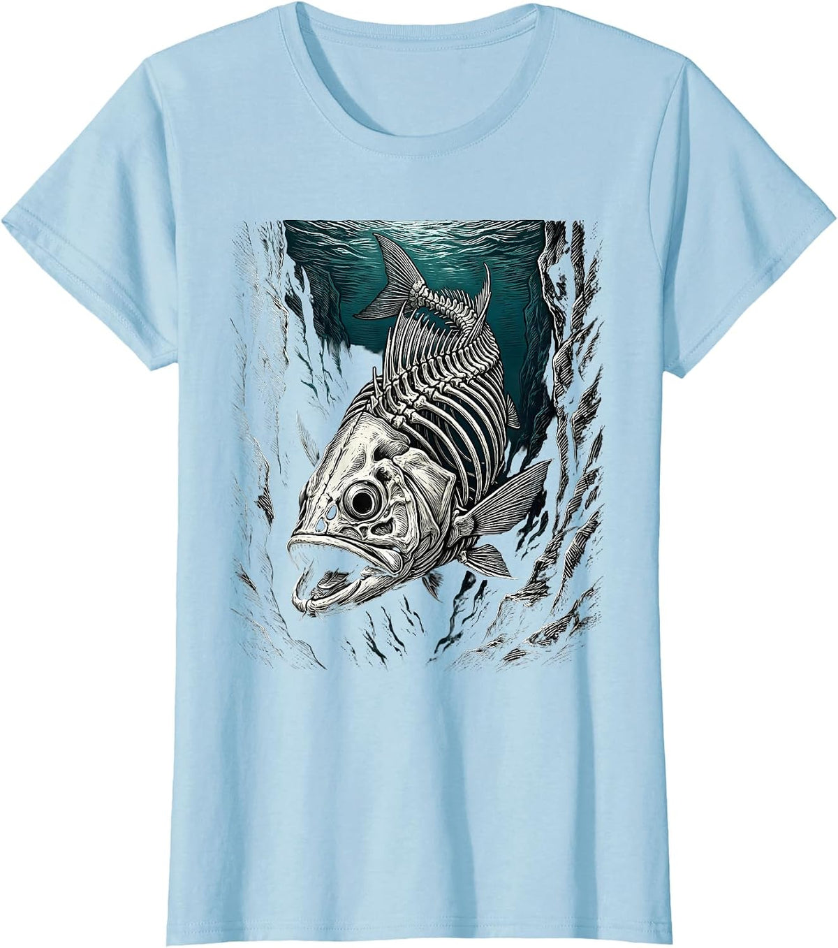 Women's Skeleton Fish Ocean Trench Deep Sea Illustration T-Shirt - Baby Blue