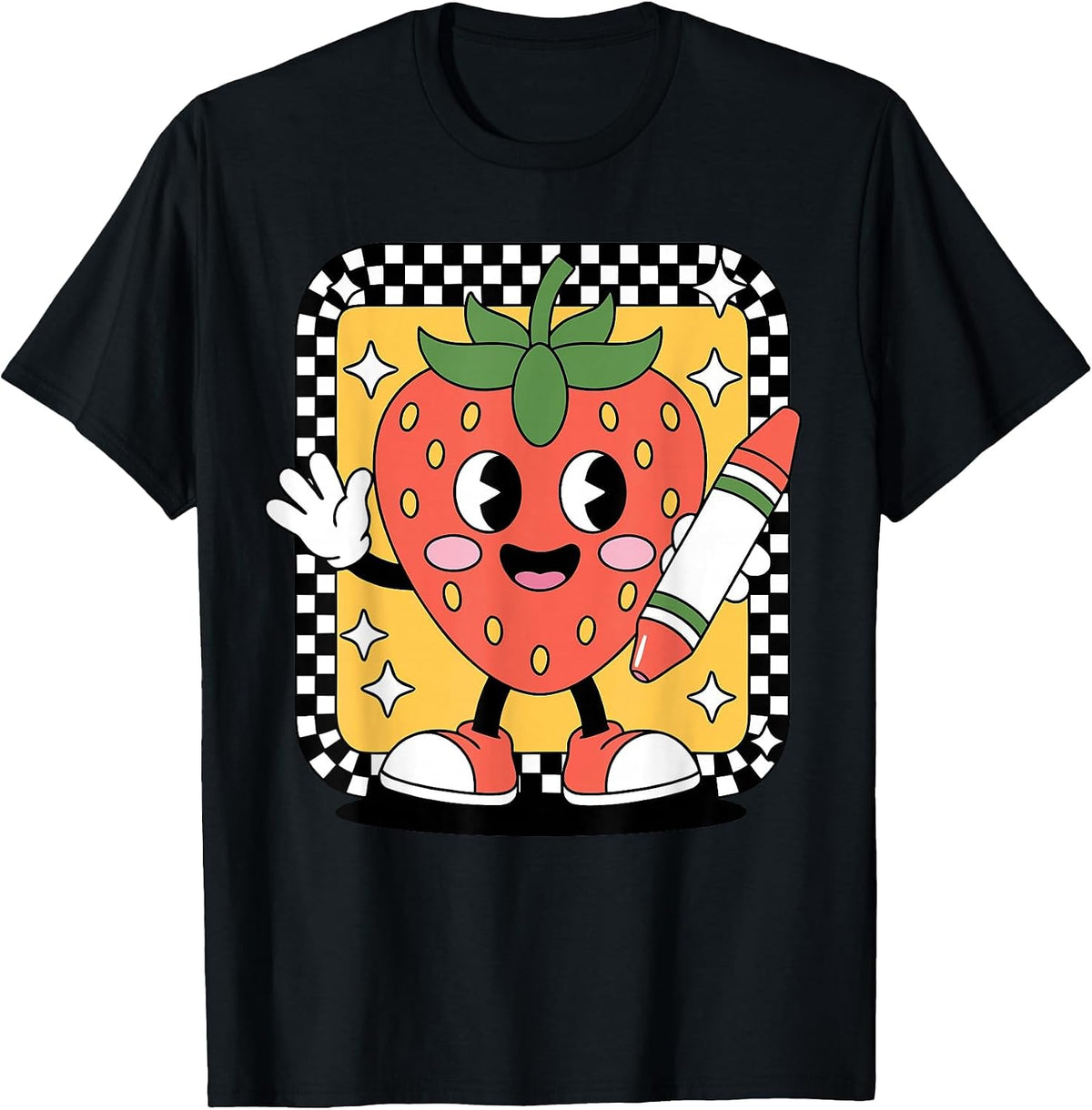 Teacher Vintage Checkered Strawberry Teaching T-Shirt - Black