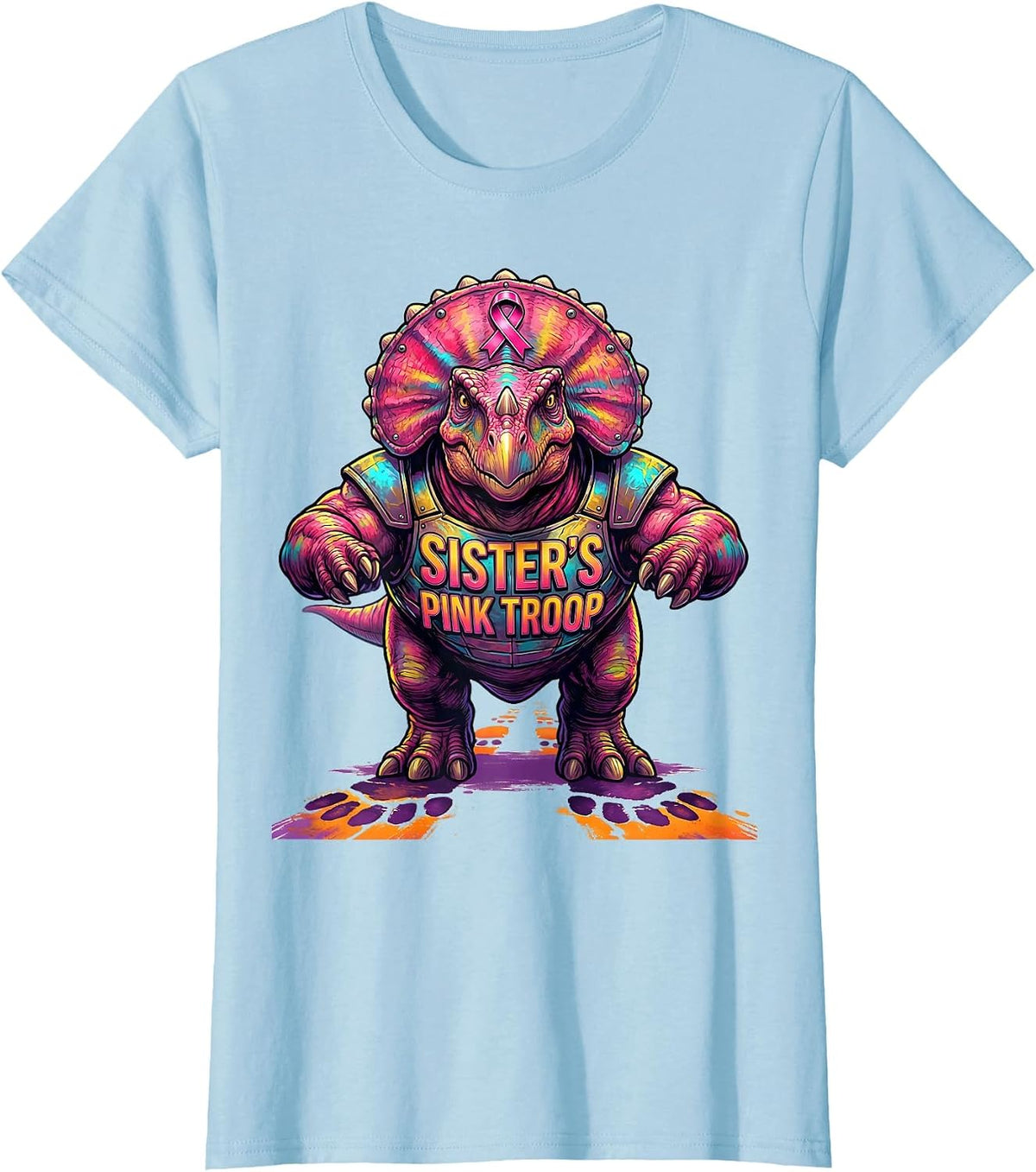 Women's Sister's Pink Troop Colorful Dinosaur Breast Cancer T-Shirt - Baby Blue