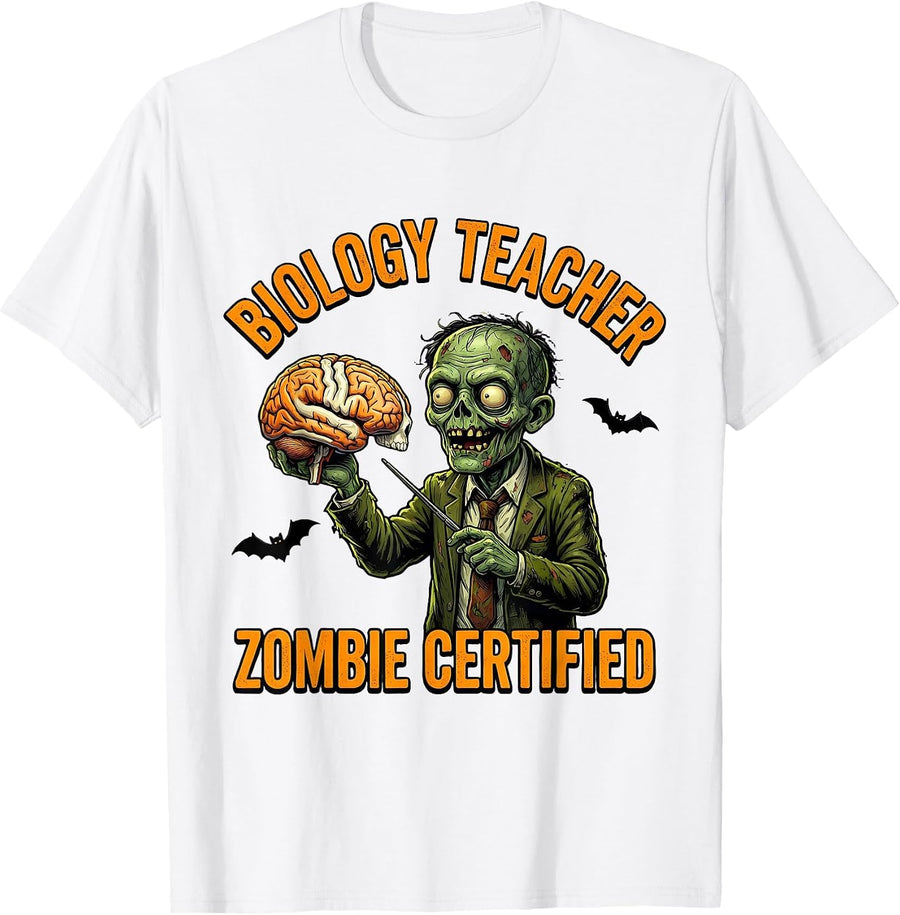 Men's Biology Teacher, Zombie Certified Funny Science Teacher T-Shirt - White