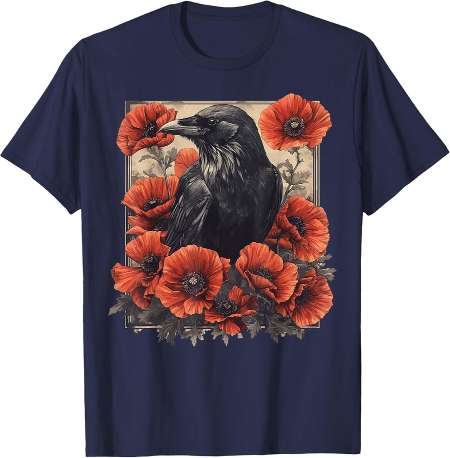 Raven Red Flowers Floral T-Shirt - Navy Blue