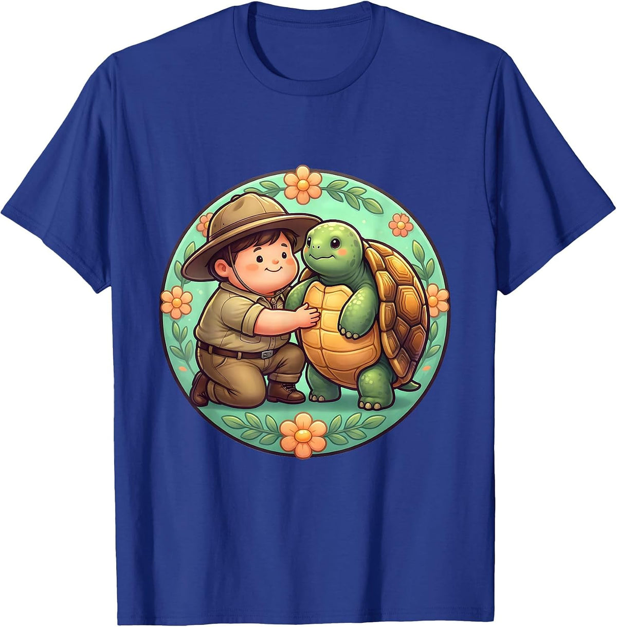Zoo Keeper Kneeling With Giant Tortoise Design T-Shirt - Royal Blue