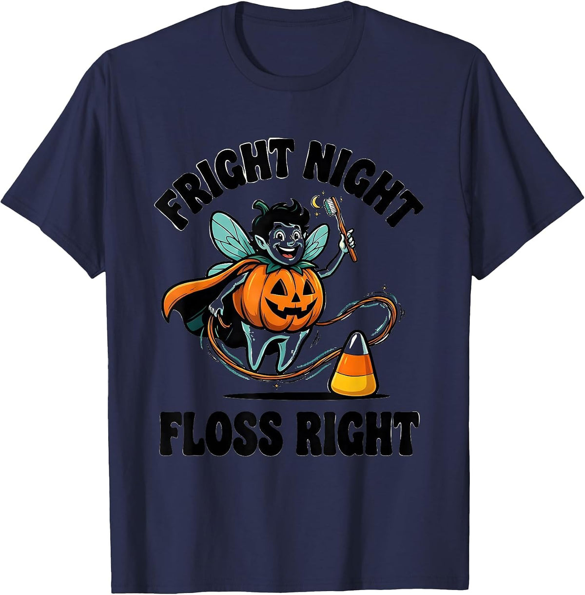 Men's Fright Night, Floss Right Cartoon Dental Humor Halloween T-Shirt - Navy Blue