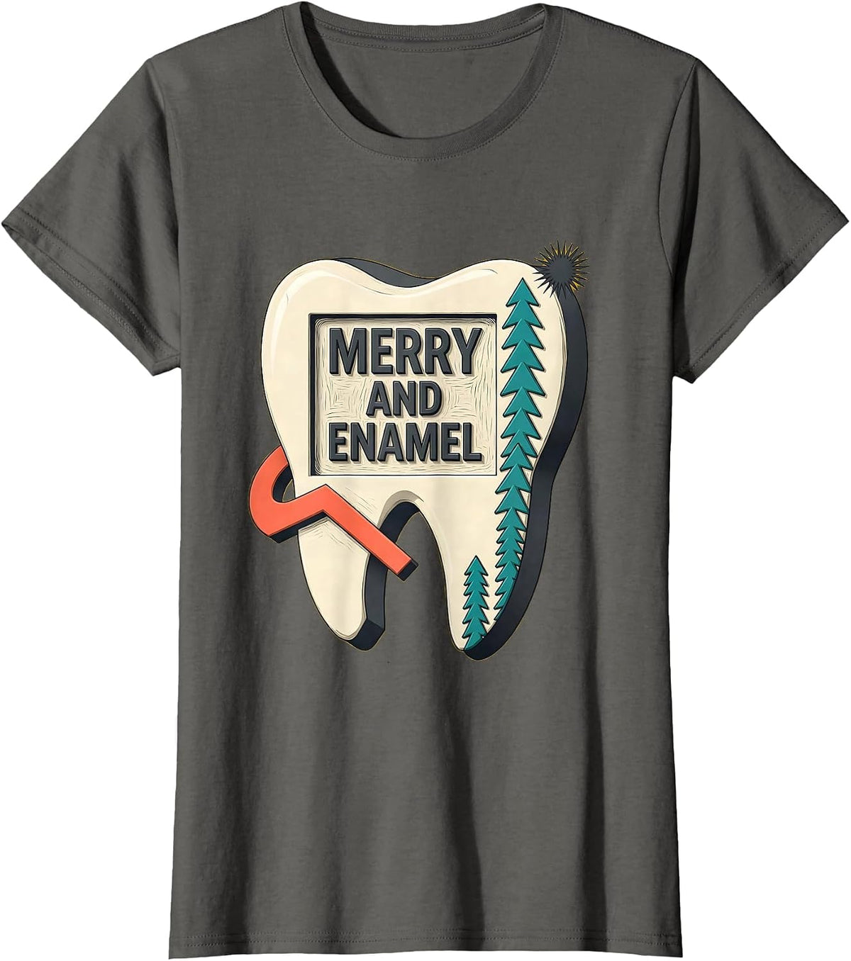 Women's Merry and Enamel Midcentury Modern Dental Christmas Dentist T-Shirt - Asphalt Grey