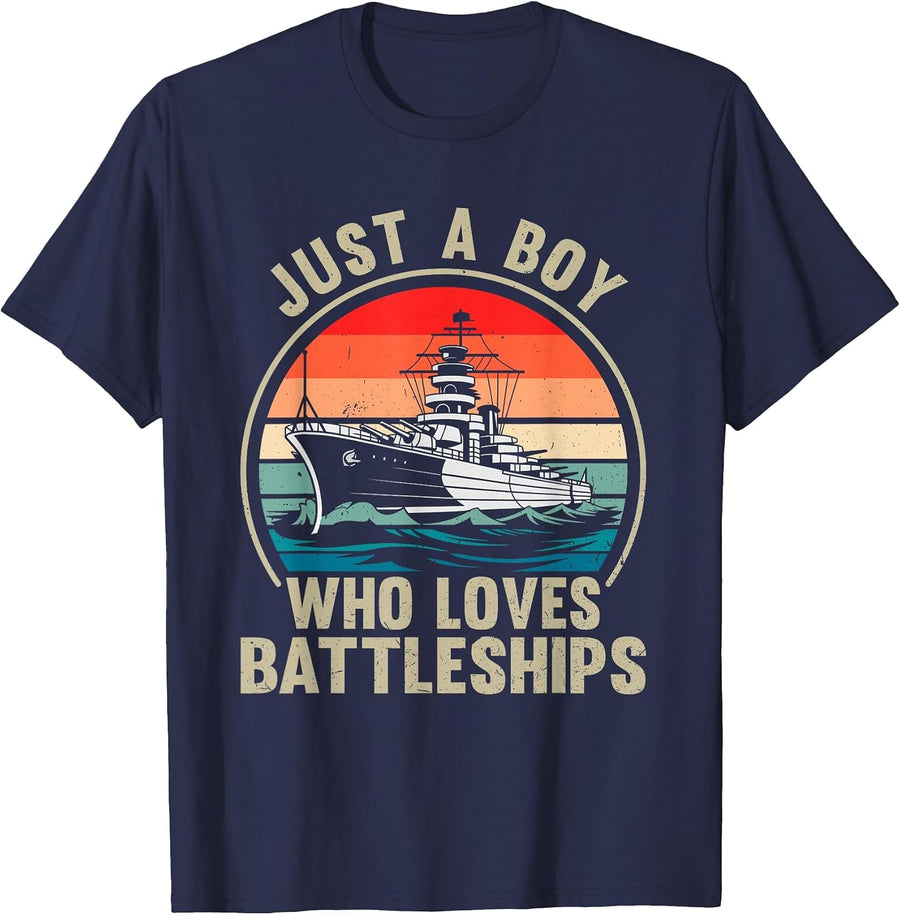 Just A Boy Who Loves Battleships Vintage Patriotic Military T-Shirt - Navy Blue