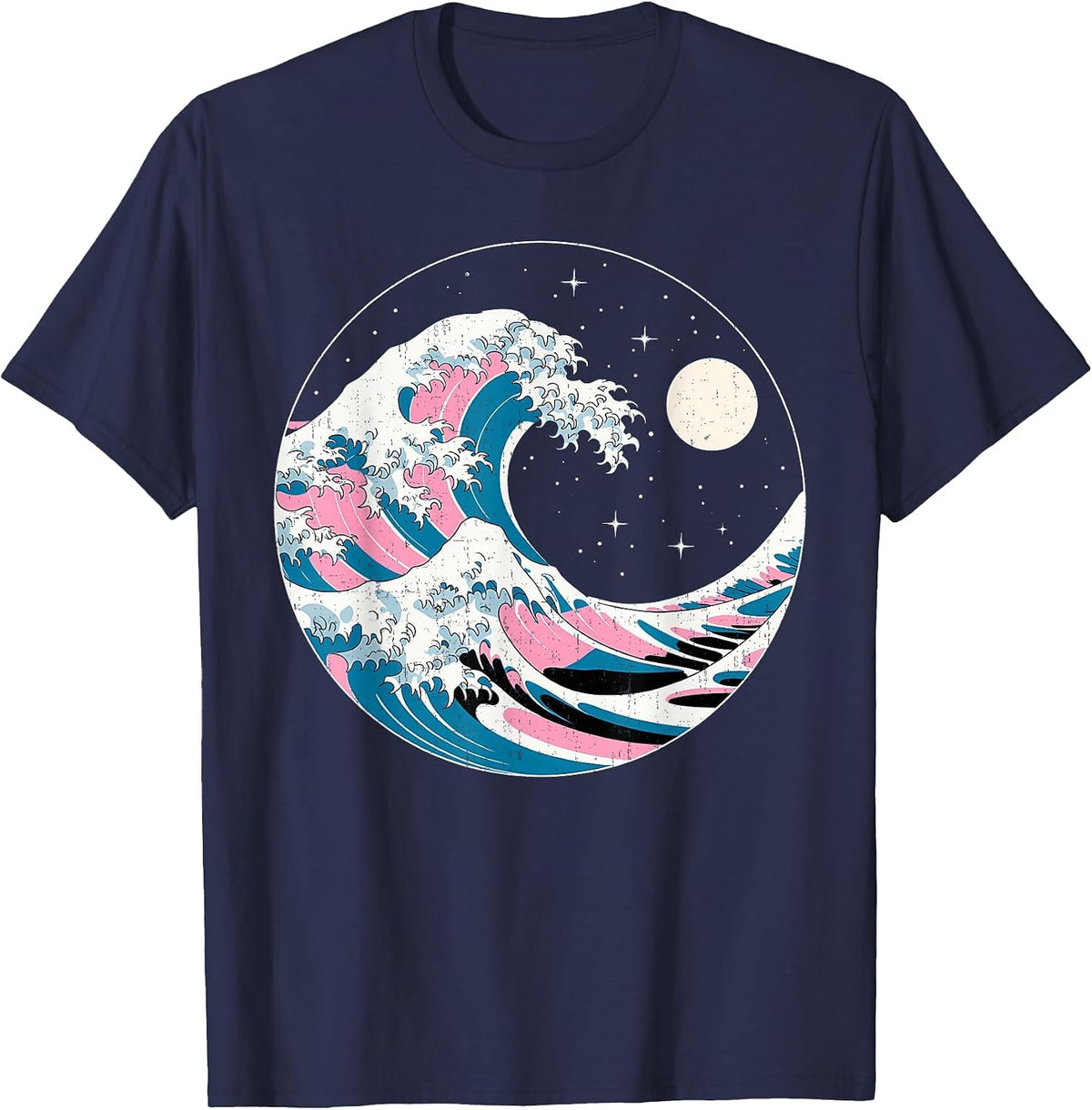LGBTQ Pride Wave in Japanese Style Under Starry Night Moon T-Shirt - Navy Blue