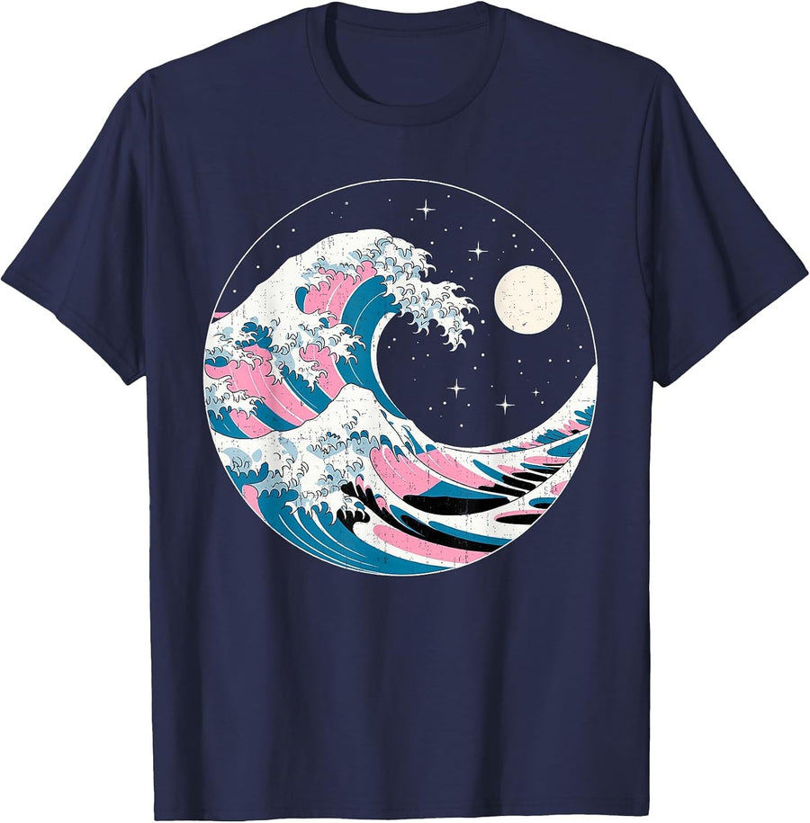 LGBTQ Pride Wave in Japanese Style Under Starry Night Moon T-Shirt - Navy Blue